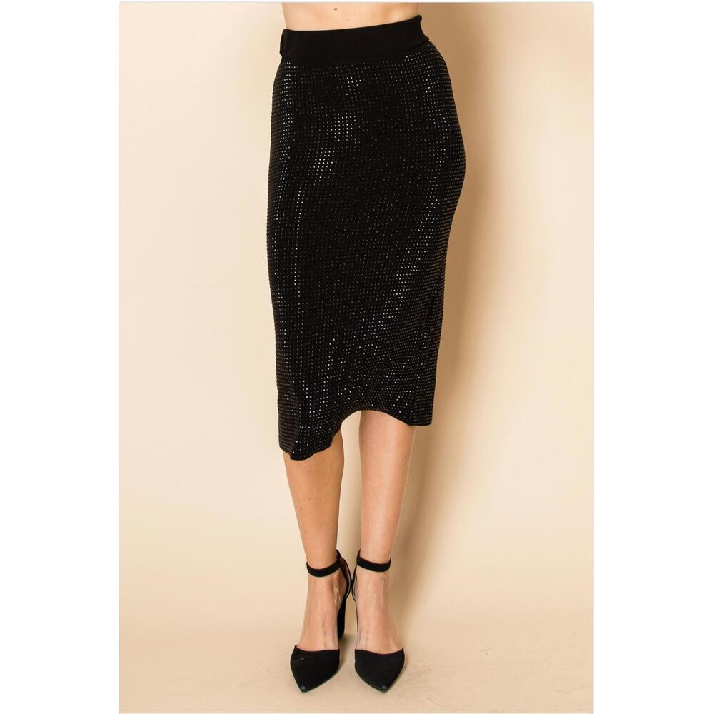 NEW VOCAL APPAREL women's starlight sparkle rhinestone midi skirt in black